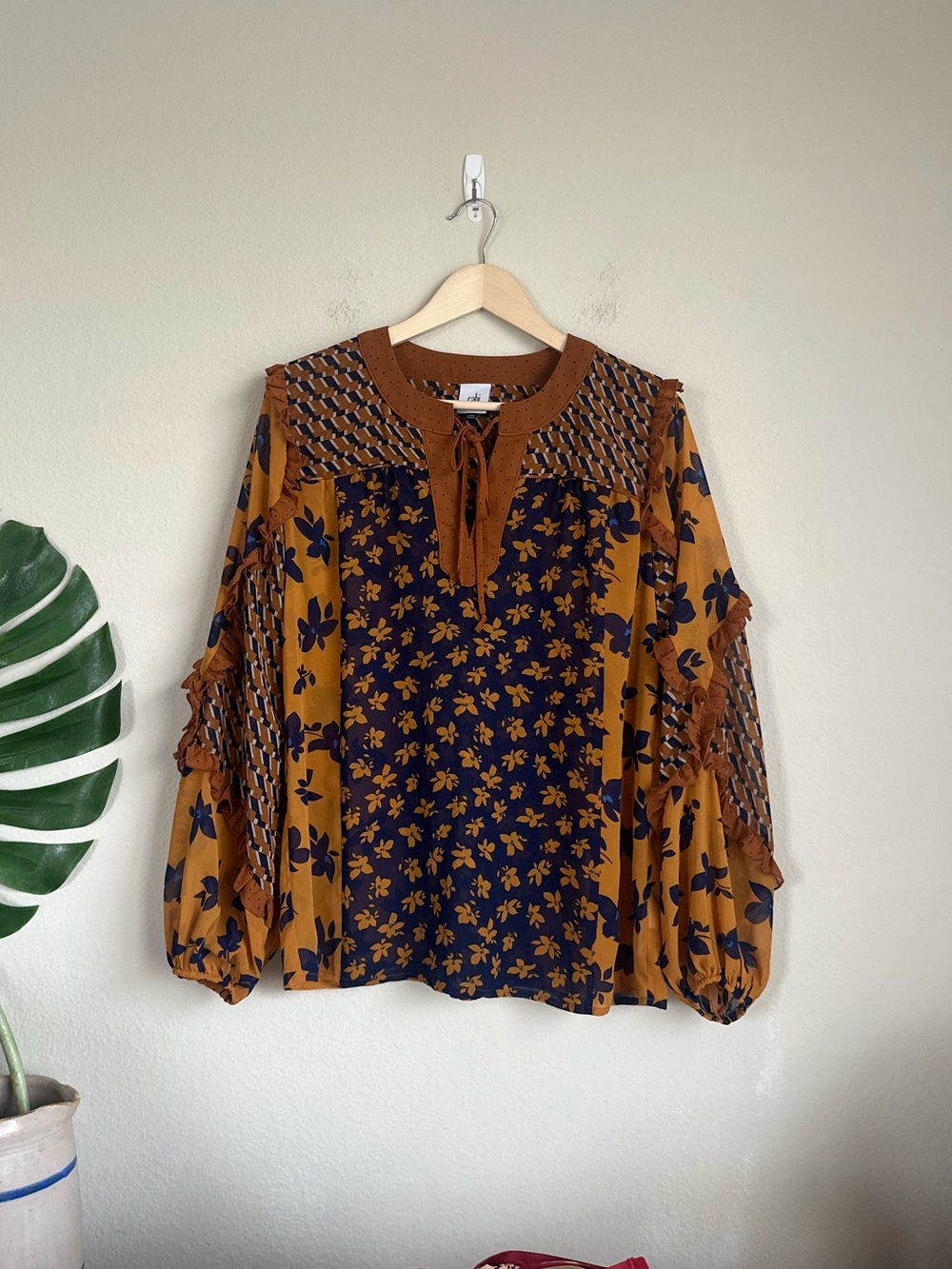 Cabi Fall Pattern Patchwork Ruffle Blouse